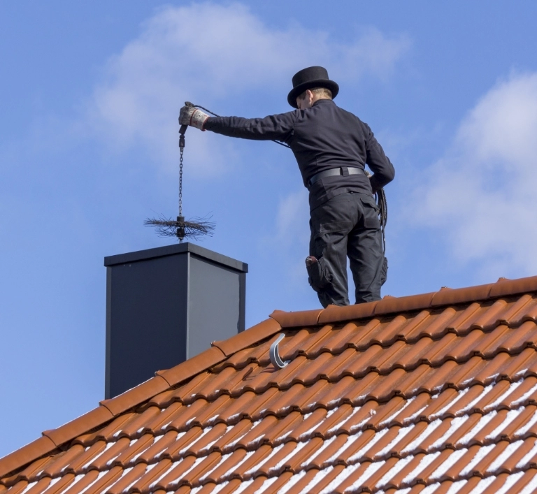 Kominiarz na dachu czyszczący komin